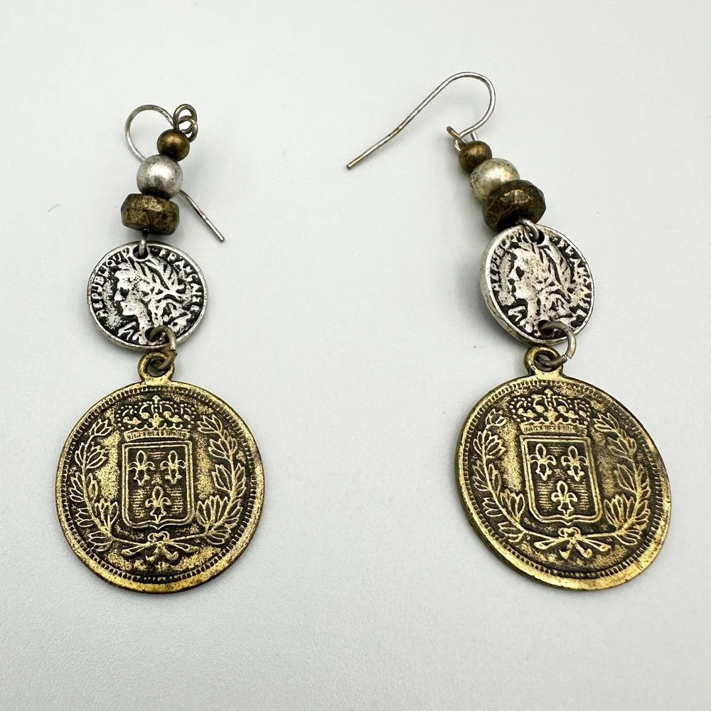 Vintage Style French Coin Drop Earrings Mixed Metal Boho Dangle Republique Franc - Picture 2 of 5